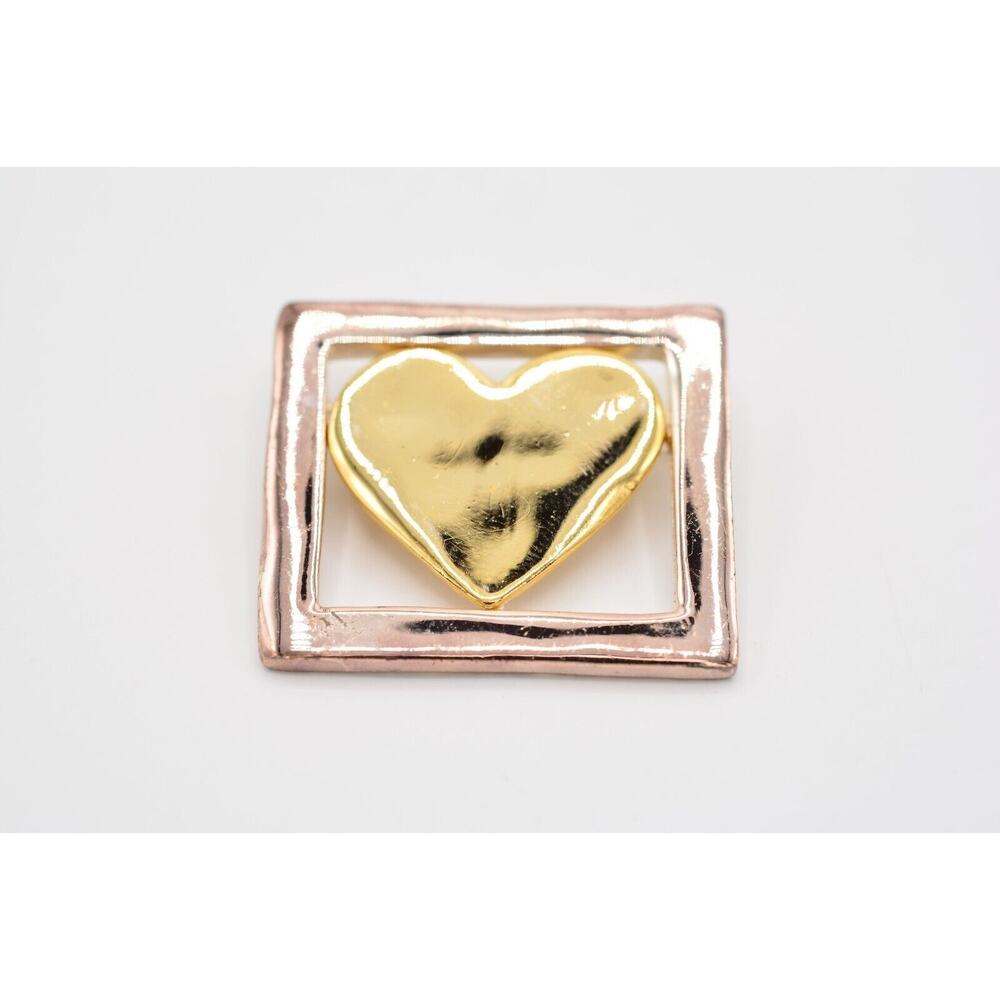 Vintage Heart Pin Brooch Gold Silver Tone Geometric Valentine's Day 1990s BinAQ